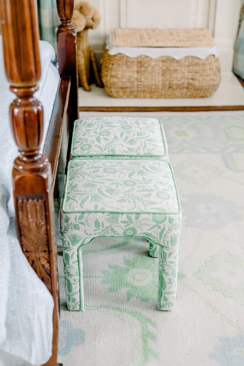 Bookshelf and decorative details in a finished nursery.