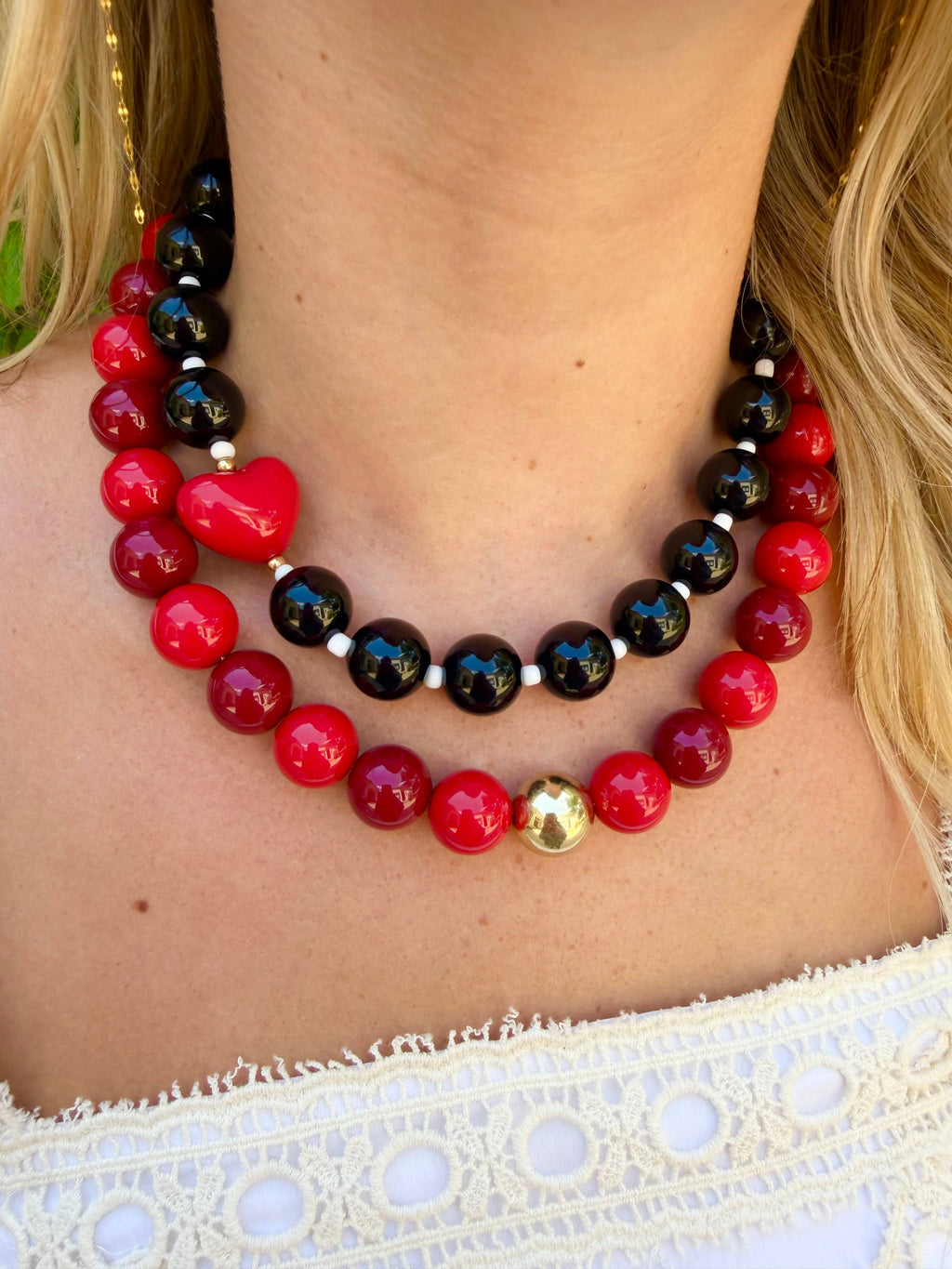 Judy Chunky Beaded Heart Necklace - Blue/Brown Mix