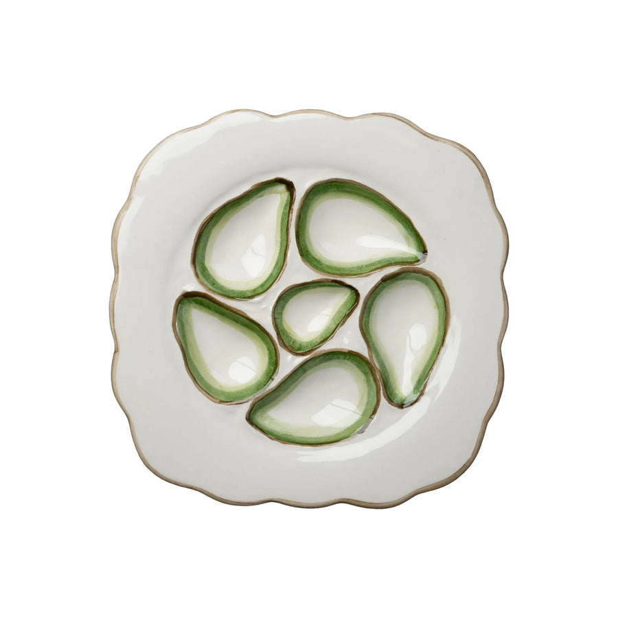 Scalloped Oyster Plate, White & Green