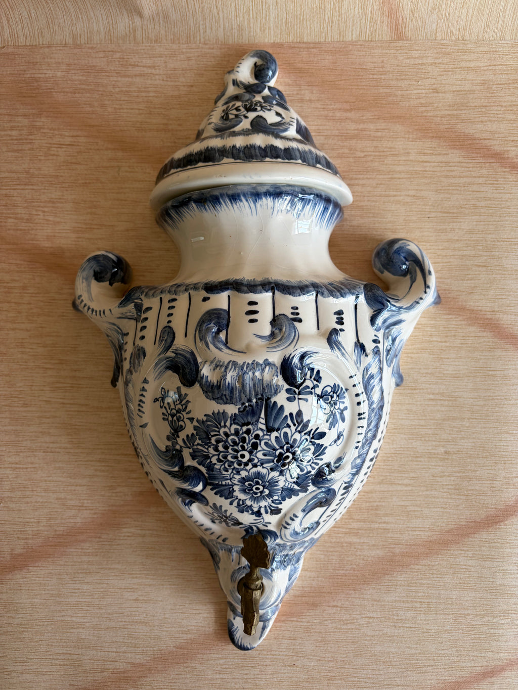 Blue-and-White Delft-Style Wall Cistern with Brass Spigot