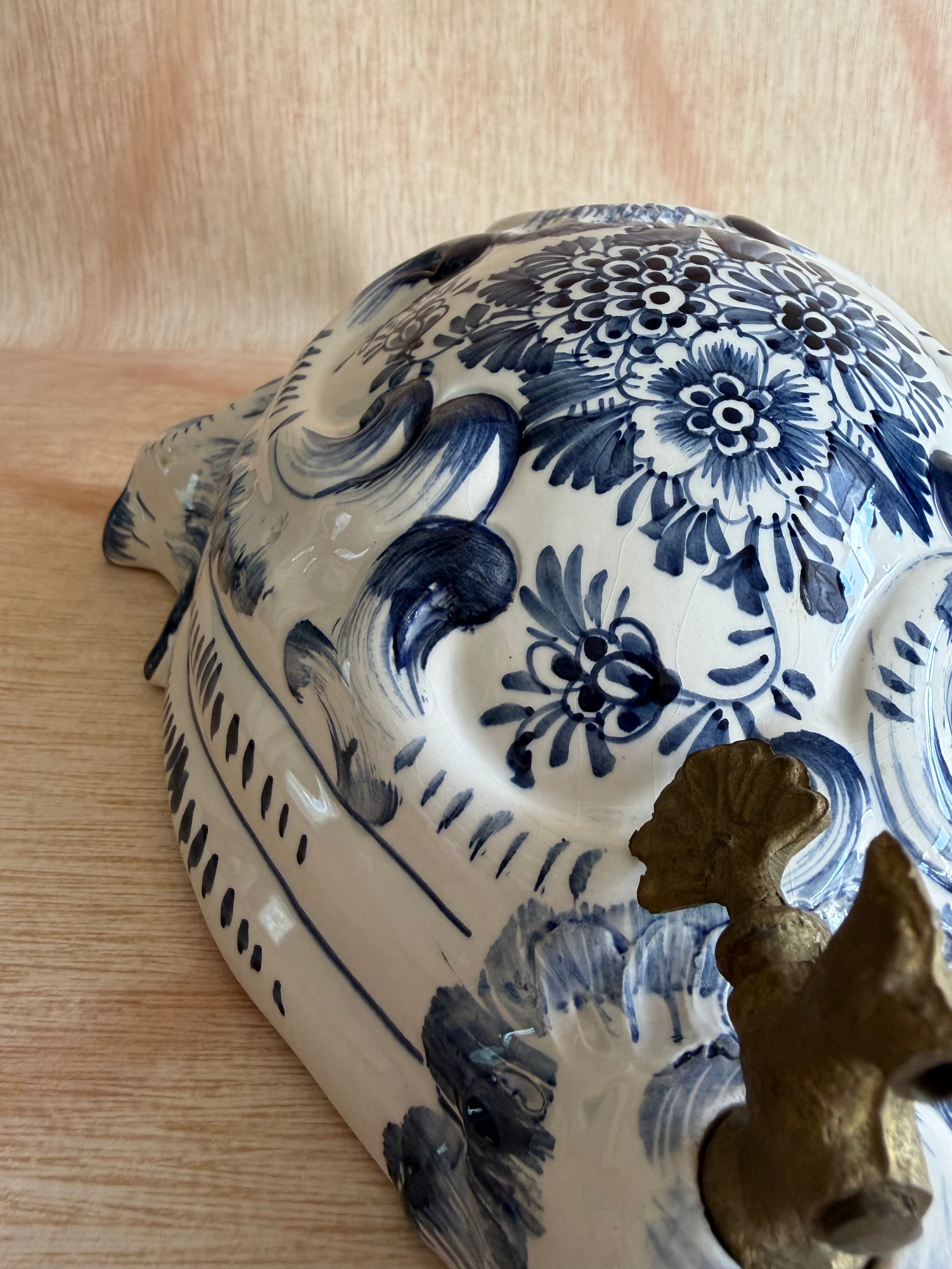 Blue-and-White Delft-Style Wall Cistern with Brass Spigot