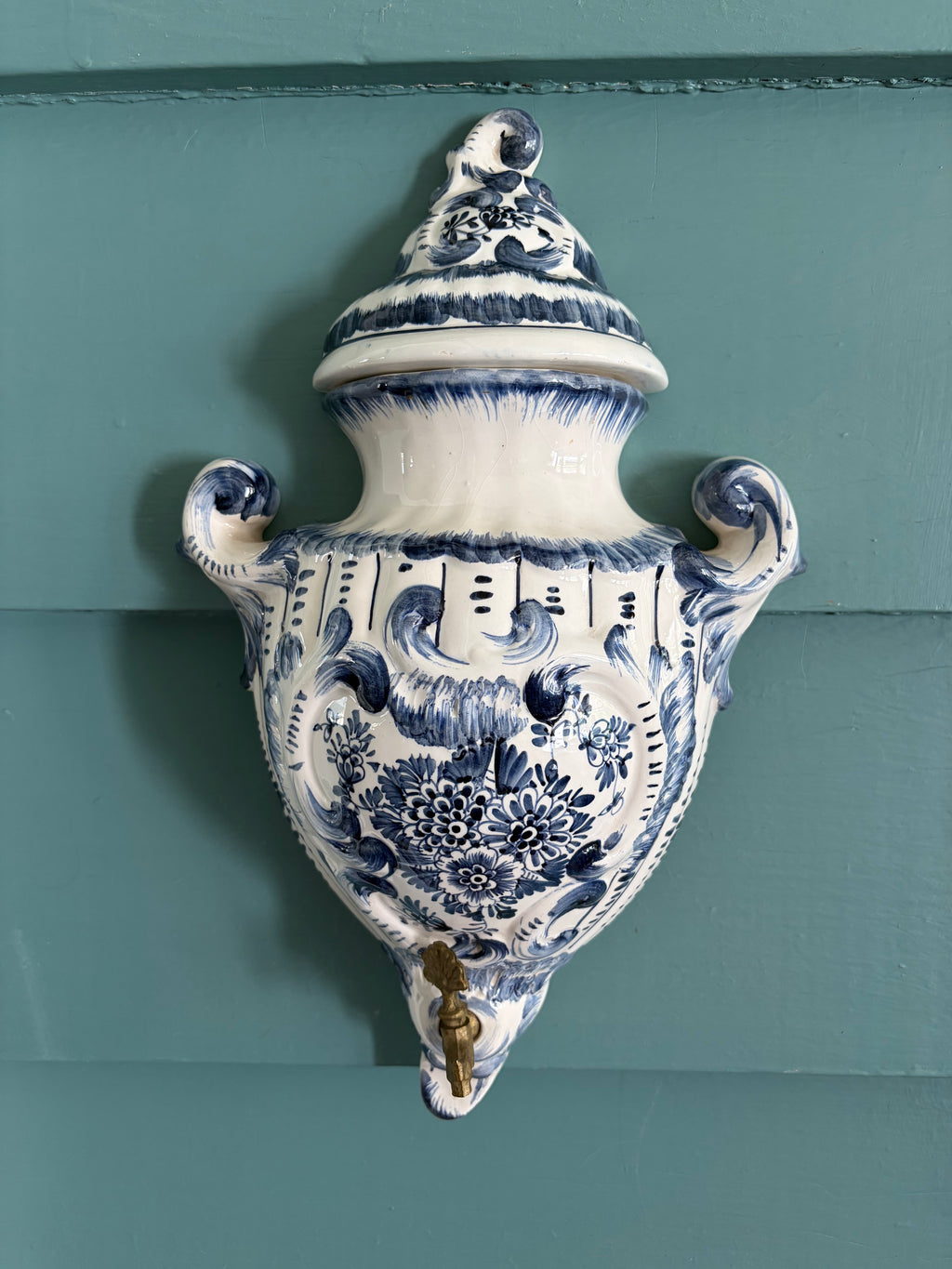Blue-and-White Delft-Style Wall Cistern with Brass Spigot