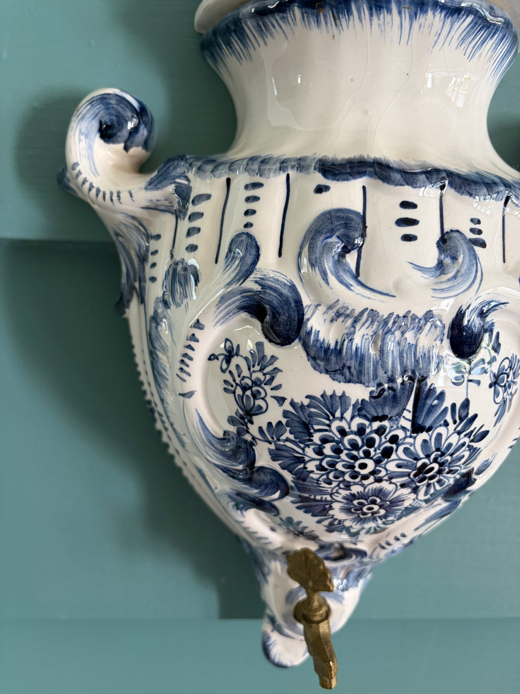 Blue-and-White Delft-Style Wall Cistern with Brass Spigot