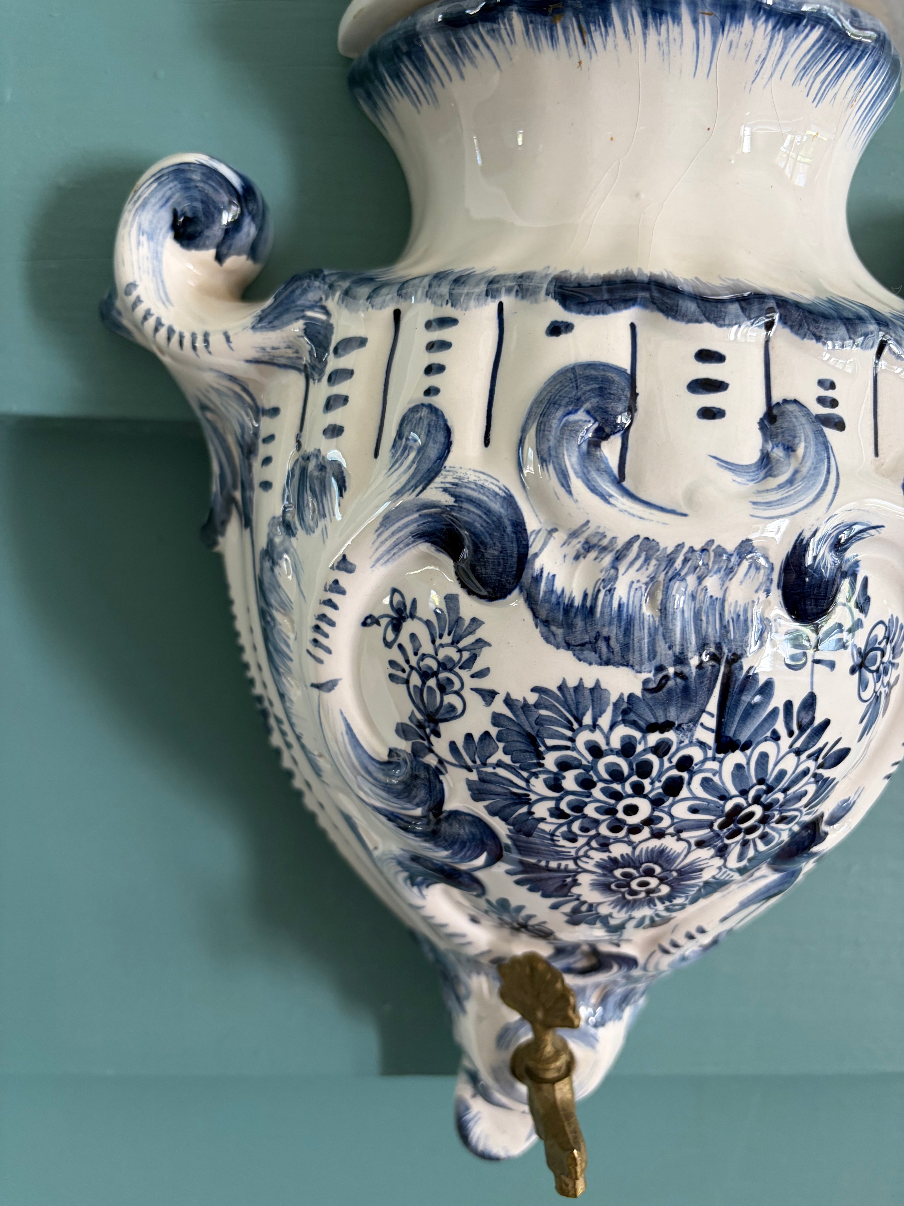 Blue-and-White Delft-Style Wall Cistern with Brass Spigot