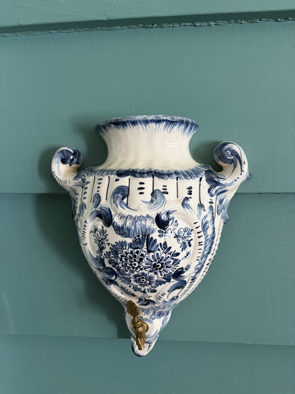 Blue-and-White Delft-Style Wall Cistern with Brass Spigot