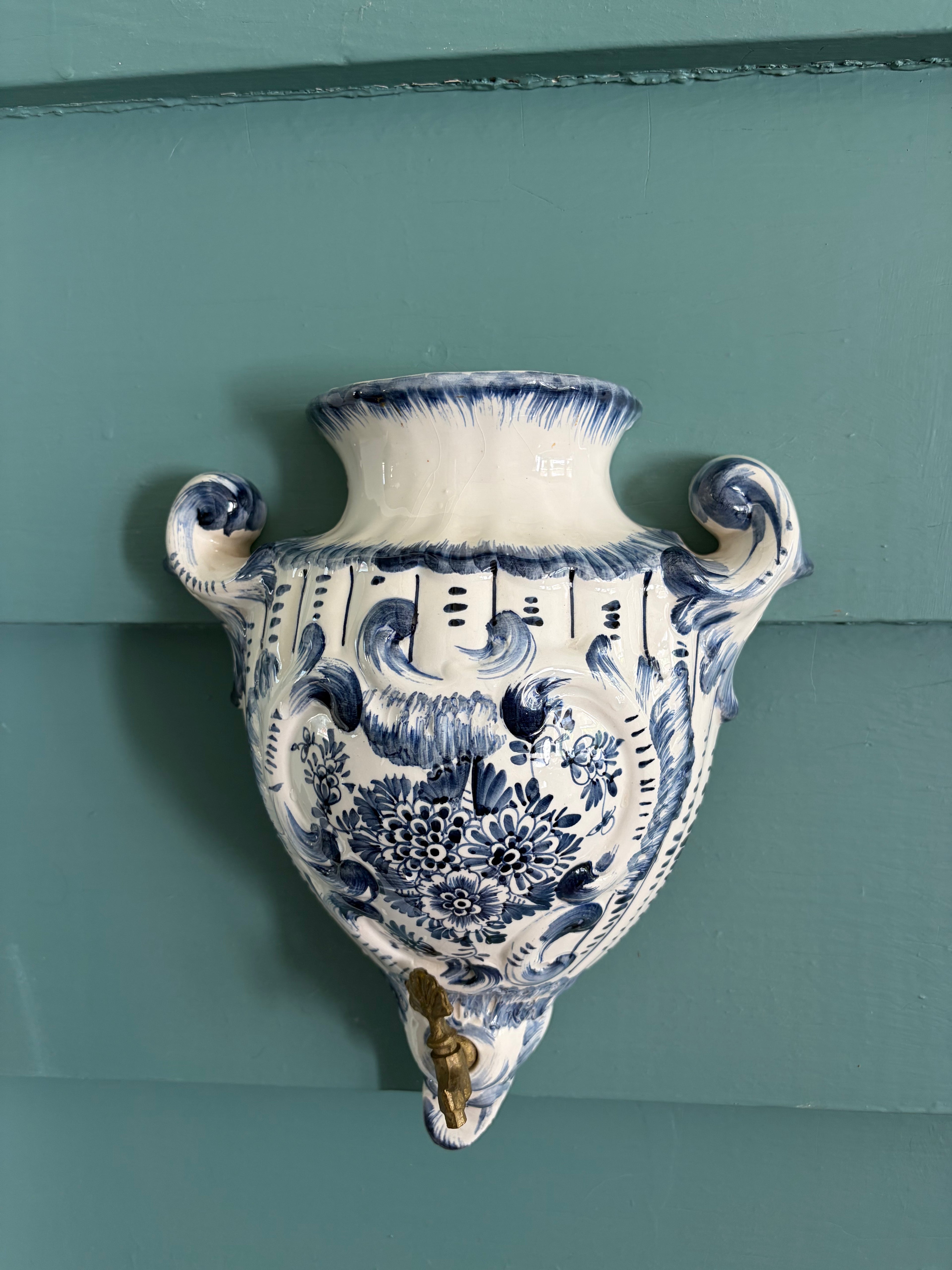 Blue-and-White Delft-Style Wall Cistern with Brass Spigot