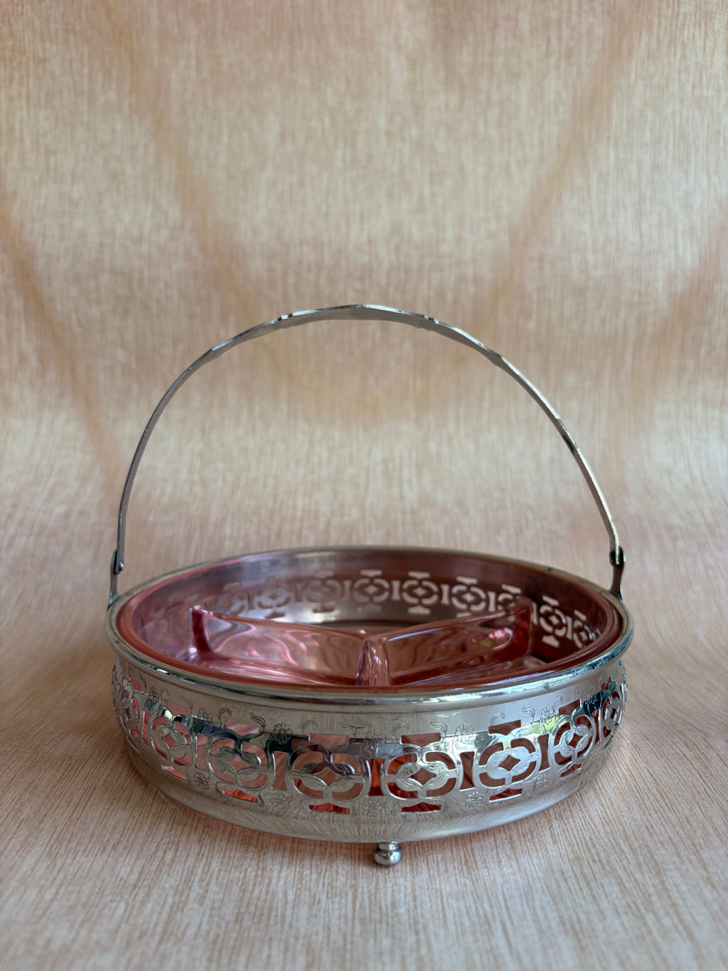 Pink Depression Glass Divided Relish Dish with Silverplate Carrier