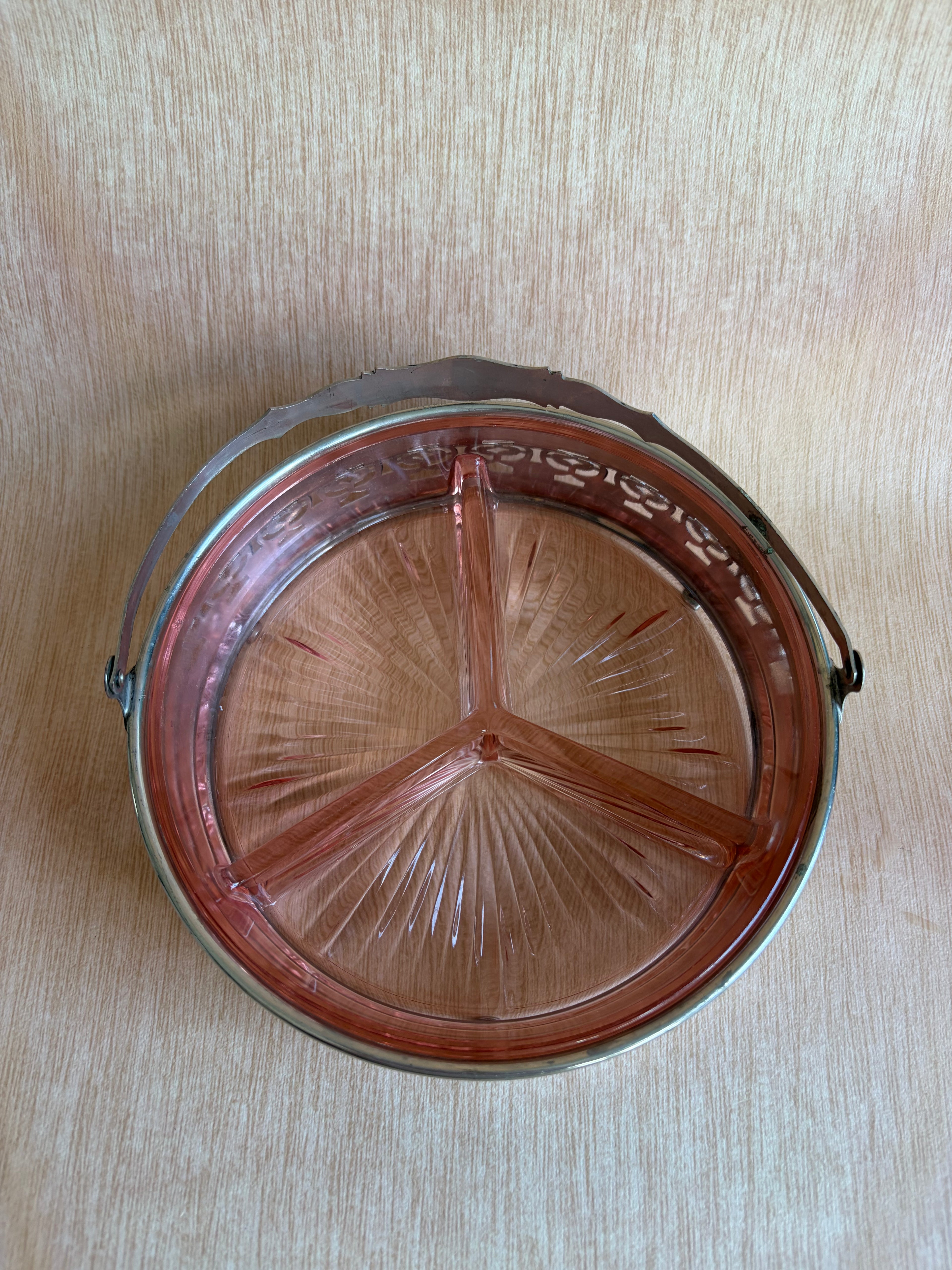 Pink Depression Glass Divided Relish Dish with Silverplate Carrier