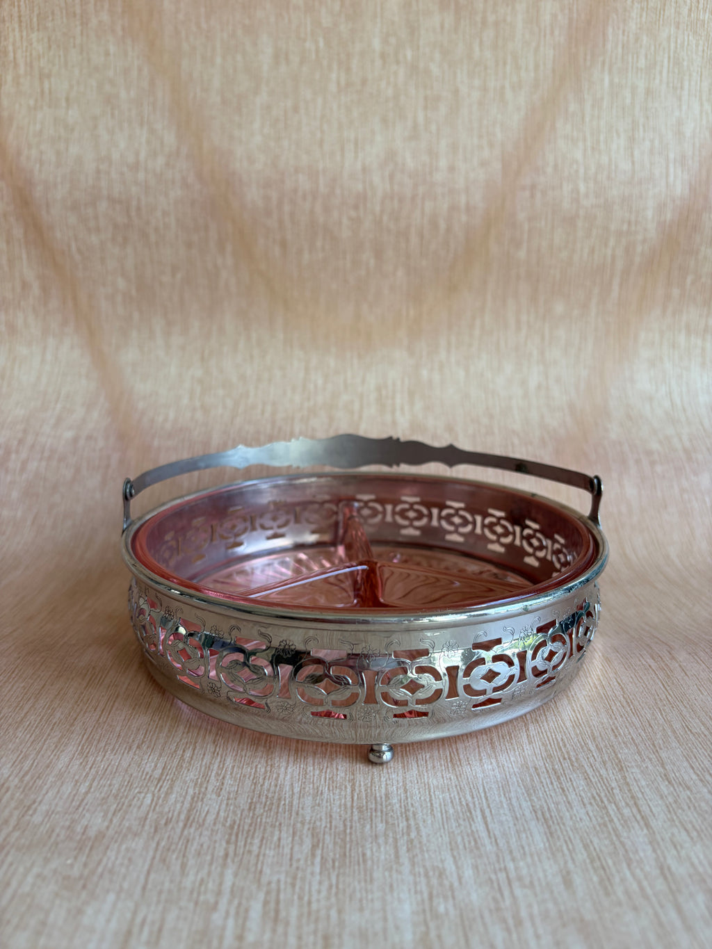 Pink Depression Glass Divided Relish Dish with Silverplate Carrier