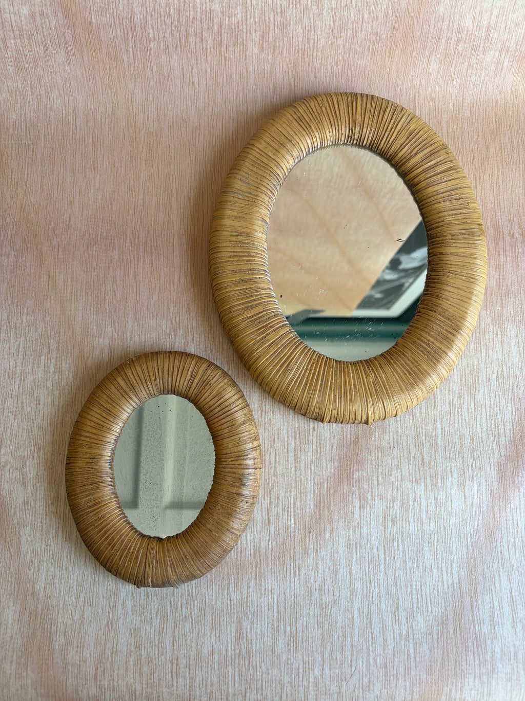 Pair of Vintage Faux-Rattan Oval Mirrors