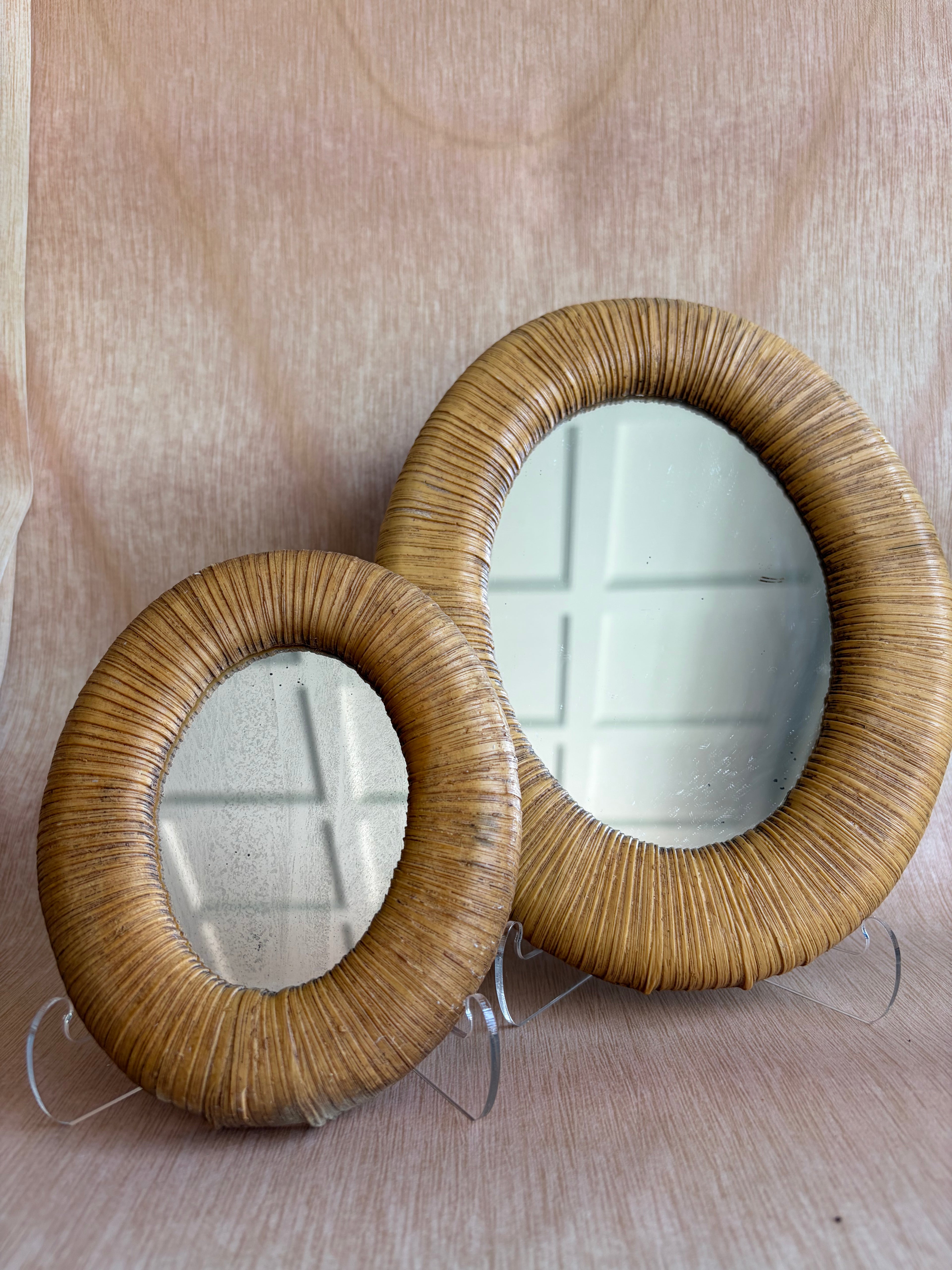 Pair of Vintage Faux-Rattan Oval Mirrors
