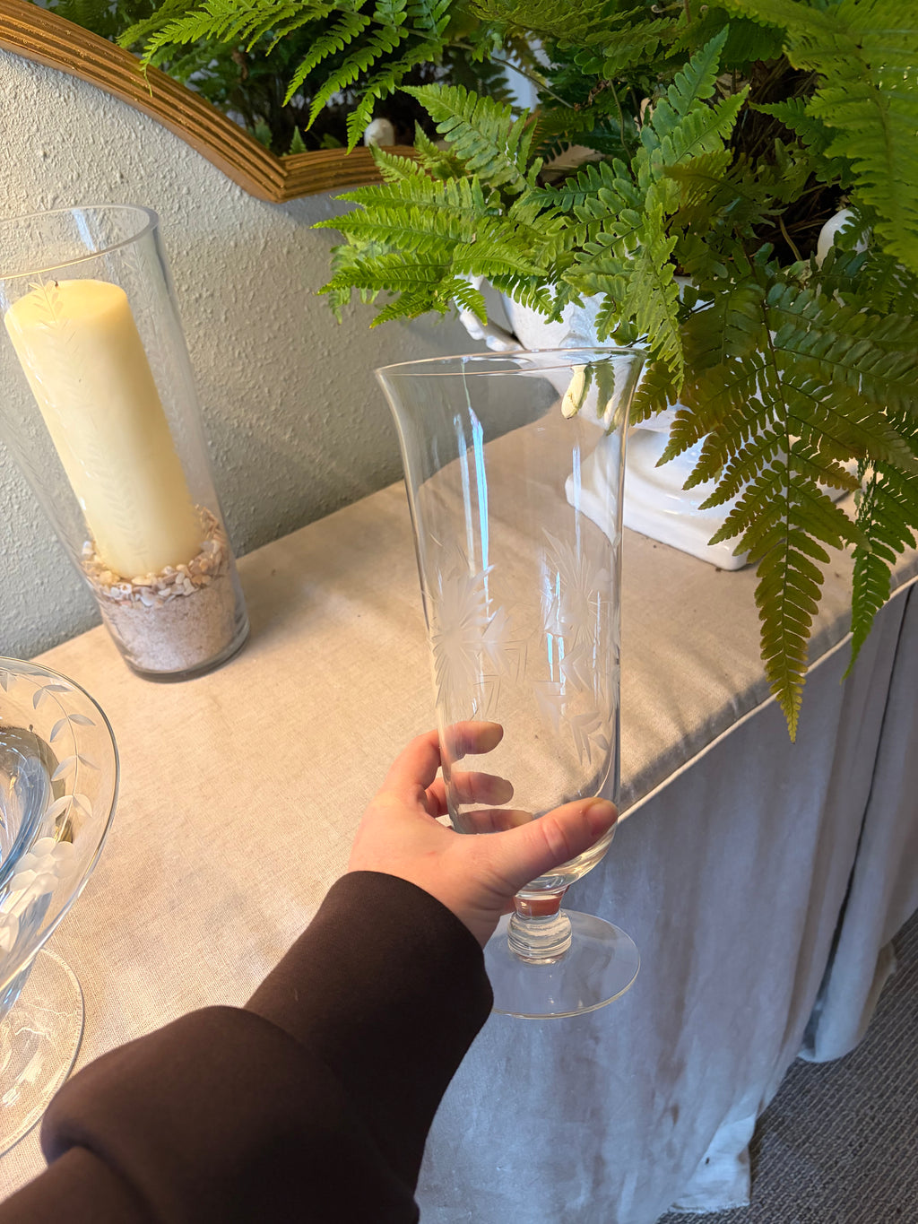 Etched Footed Glass Vase