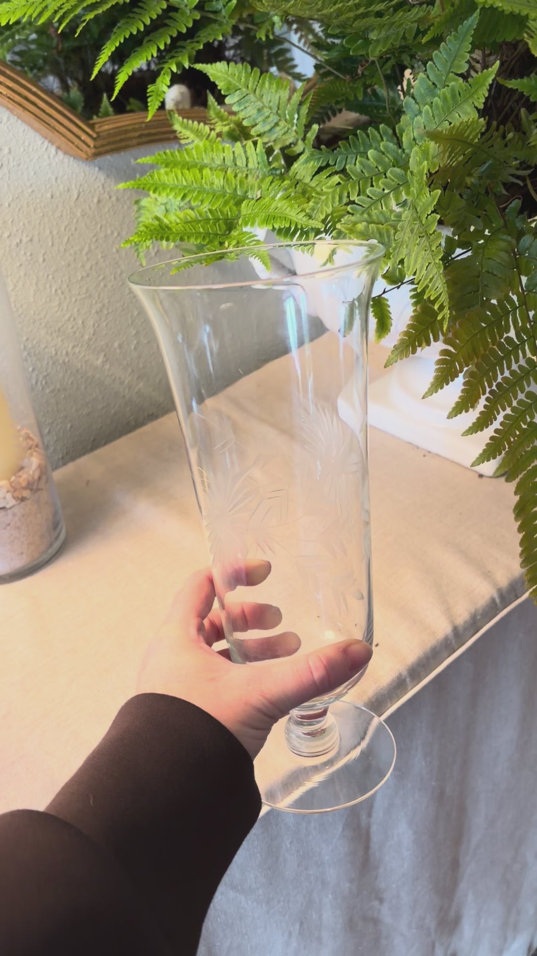 Etched Footed Glass Vase